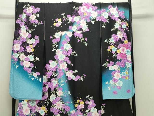 平和屋着物 豪華振袖 舞花文 暈し染め 黒地 銀通し地 京都きもの友禅扱い 正絹 gh