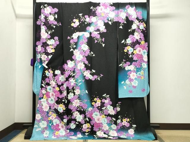 平和屋着物 豪華振袖 舞花文 暈し染め 黒地 銀通し地 京都きもの友禅扱い 正絹 gh