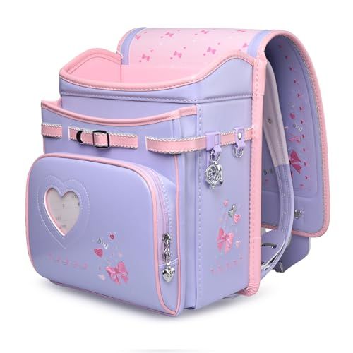 ランドセル女の子小学生通学カバン 人工皮革パール生地 ワンタッチロック ハート＆蝶結び刺繍 売者6年保証 透明ランドセルカバー シューズ袋など特典進呈 X 112