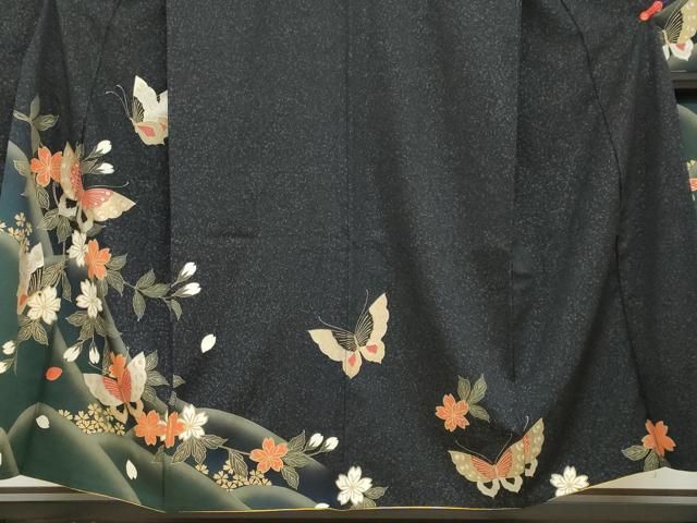 平和屋着物○豪華振袖 花蝶文 暈し染め 黒地 金銀彩 正絹 逸品