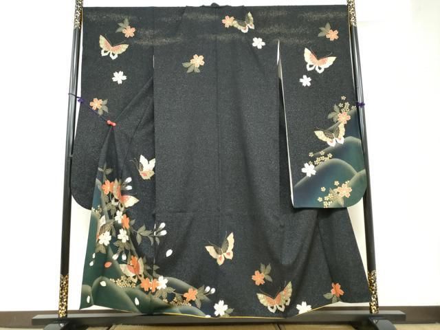 平和屋着物 豪華振袖 花蝶文 暈し染め 黒地 金銀彩 正絹 ud