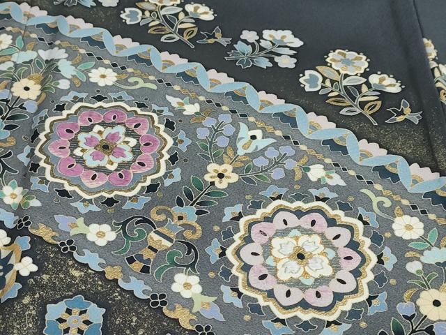  平和屋着物 豪華色留袖 作家物 駒刺繍 貝紫 洋花文 金彩 正絹 ud 黒留袖 着物