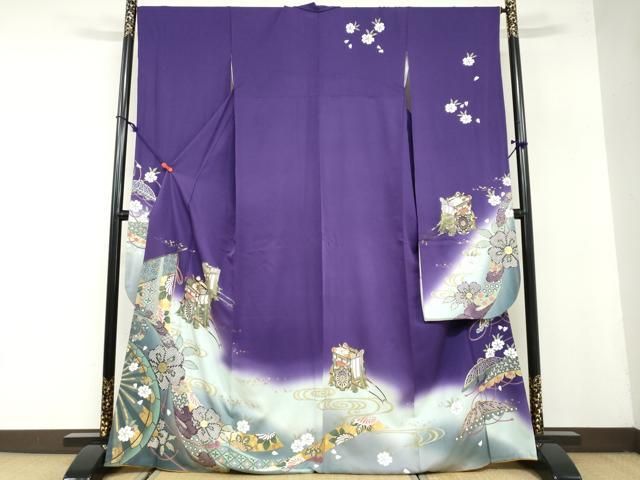 平和屋着物 豪華振袖 几帳御所車草花文 暈し染め 金彩 正絹 ud