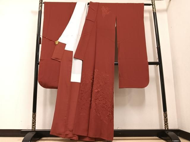 平和屋着物 豪華振袖 中国三大刺繍 汕頭刺繍 スワトウ刺繍 草花 色無地 紅鳶色 正絹 ph