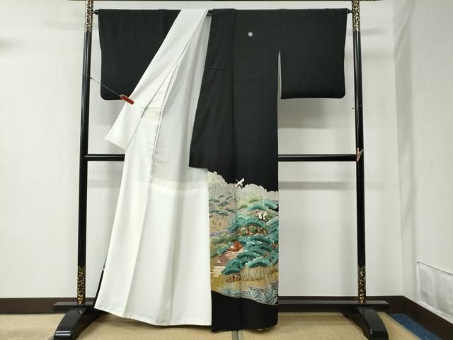 平和屋着物 本加賀友禅作家 奥原一就 黒留袖 遠山浜松飛鶴樹林風景文 暈し染め 正絹 yc