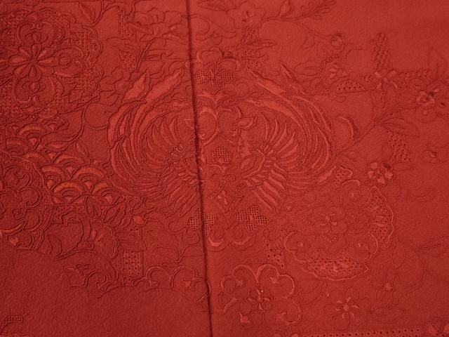  平和屋着物 中国三大刺繍 スワトウ刺繍 総刺繍 振袖 鳳凰花唐草文 深緋色 正絹 yc 振袖 着物