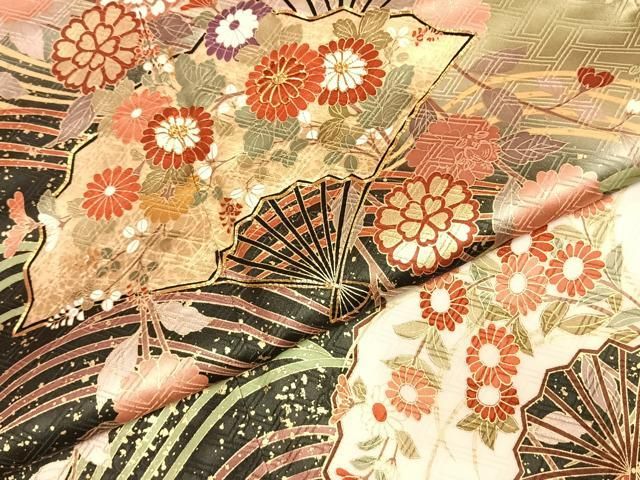 平和屋着物○十日町老舗ブランド 吉澤友禅 吾妻徳穂 振袖 駒刺繍 扇面