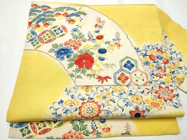 平和屋着物 アンティーク 大正ロマン 九寸名古屋帯 総刺繍 地紙更紗花文 金彩 正絹 hy