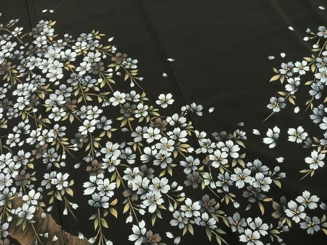  平和屋着物 豪華黒留袖 枝花文 夜桜 浜ちりめん 金彩 反端付き 正絹 fy 黒留袖 着物