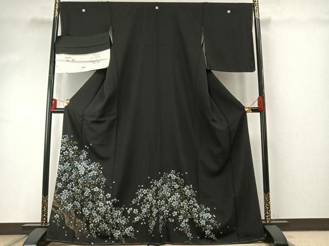 平和屋着物 豪華黒留袖 枝花文 夜桜 浜ちりめん 金彩 反端付き 正絹 fy