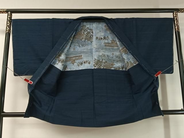 平和屋着物○男性 紬 色無地 青藍色 正絹 逸品 CAAZ3413yc 平和屋