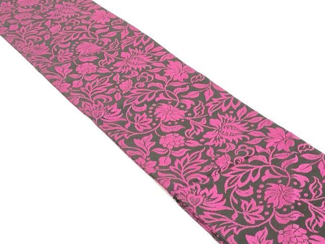 平和屋着物 本場筑前博多織 半幅帯 更紗花唐草文 黒地 正絹 ob