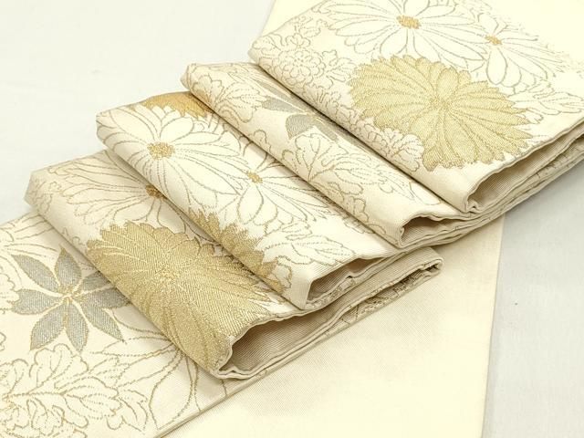 平和屋着物 爪掻き本綴れ 半幅帯 草花文 金銀糸 正絹 ob