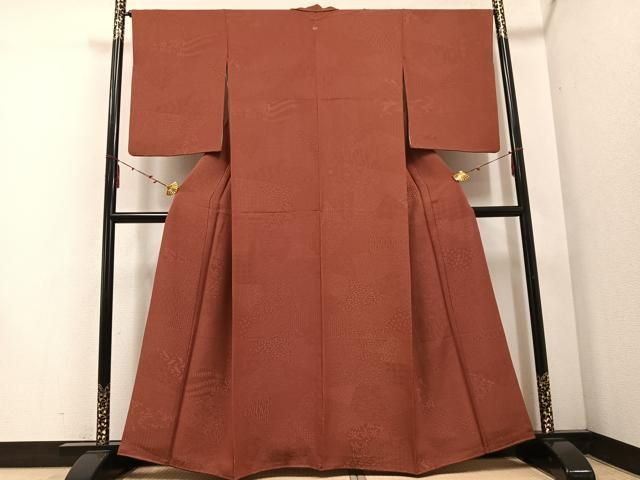 平和屋着物 上質な色無地 草花地紋 鳶色 正絹 ph