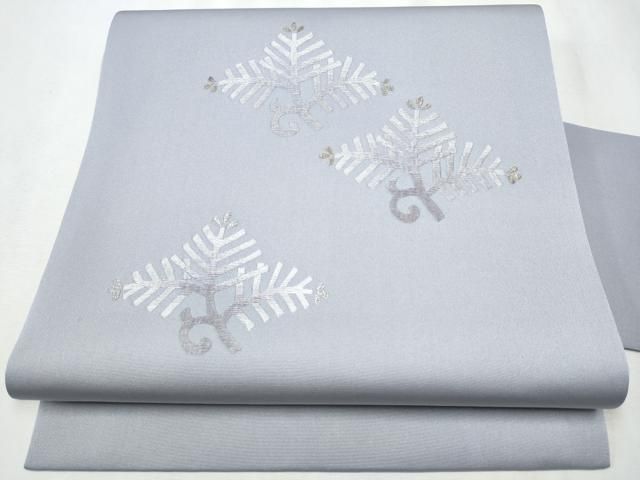 平和屋着物○塩瀬 九寸名古屋帯 総刺繍 枝松葉文 金糸 正絹 逸品