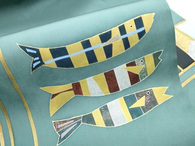 平和屋着物○塩瀬 九寸名古屋帯 魚 金銀彩 正絹 逸品 CABB5838hy