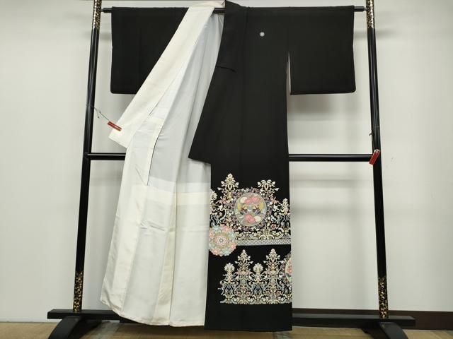 平和屋着物 豪華黒留袖 友禅 作家物 向かい鳥絵皿花文 正絹 ut