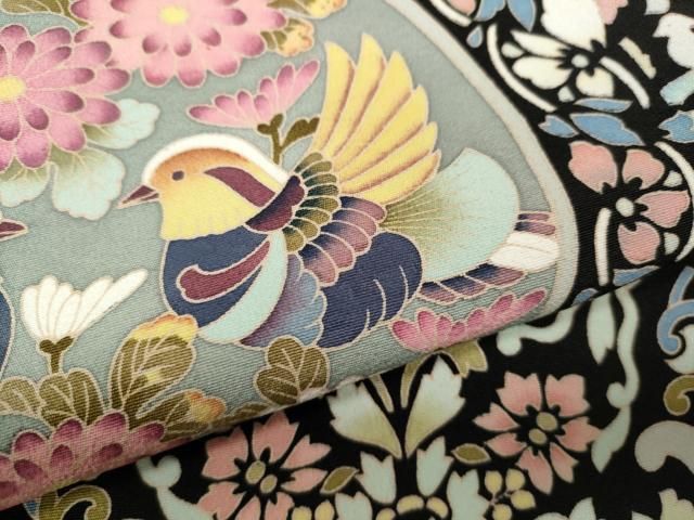 向かい鳥絵皿花文 正絹