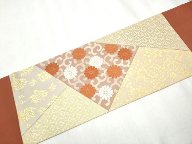 平和屋着物○塩瀬 九寸名古屋帯 駒刺繍 切嵌草花文 金彩 正絹 逸品