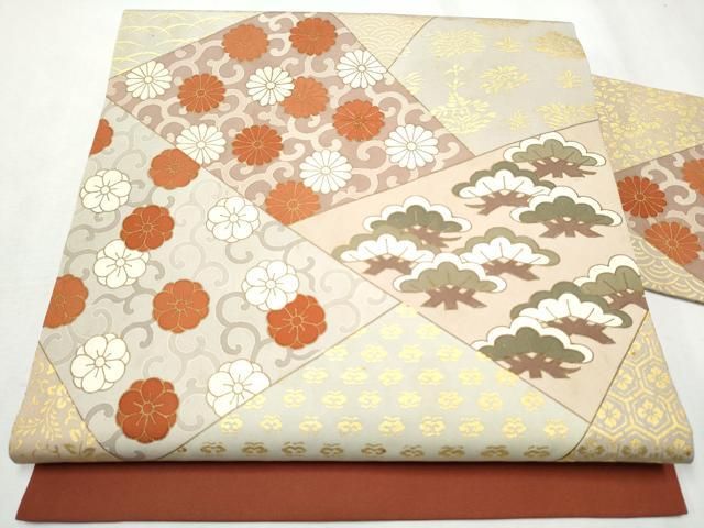 平和屋着物○塩瀬 九寸名古屋帯 駒刺繍 切嵌草花文 金彩 正絹 逸品