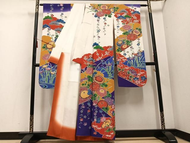 平和屋着物 豪華振袖 紅型 流水草花文 暈し染め 正絹 ph