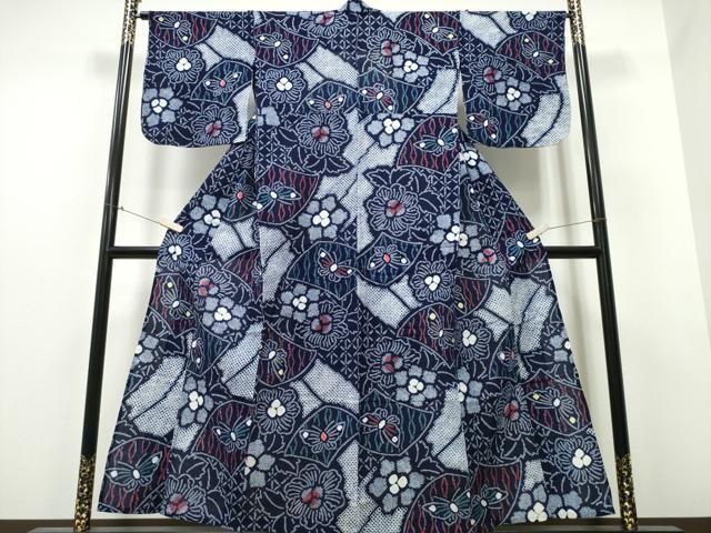 平和屋着物∴夏物 浴衣 有松鳴海絞り 色紙花蝶文 綿 ng