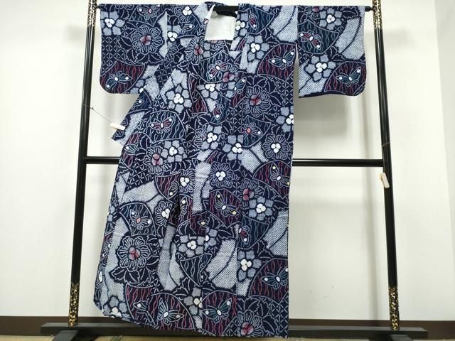 平和屋着物∴夏物 浴衣 有松鳴海絞り 色紙花蝶文 綿 ng