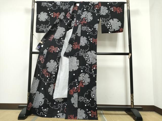 平和屋着物∴夏物 浴衣 有松鳴海絞り 金魚 雪輪重ね文 黒地 綿 ng