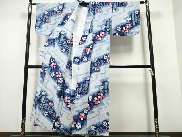 平和屋着物∴夏物 浴衣 有松鳴海絞り 霞渡橋舞花文 綿 ng