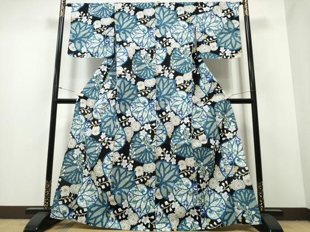 平和屋着物∴夏物 浴衣 葵花文 黒地 綿 ng