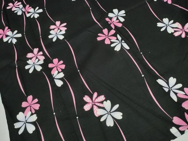  平和屋着物∴夏物 浴衣 面談 よろけ縞舞花文 黒地 綿 ng 浴衣単品 浴衣