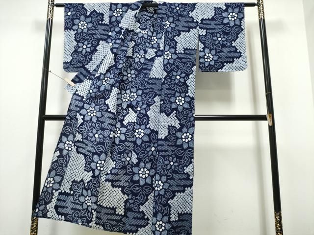 平和屋着物∴夏物 浴衣 有松鳴海絞り エ霞舞花文 綿 ng