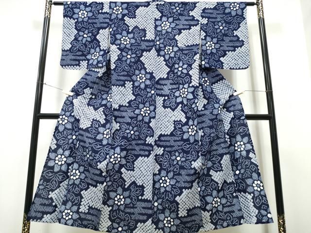 平和屋着物∴夏物 浴衣 有松鳴海絞り エ霞舞花文 綿 ng