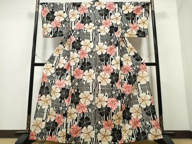平和屋着物∴夏物 浴衣 舞花間道 黒地 綿 ng