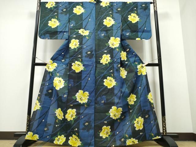平和屋着物∴夏物 浴衣 露芝舞牡丹文 ラメ糸 金彩 綿 ng