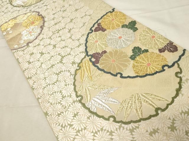 平和屋着物○六通柄袋帯 唐織 緑茶染 雪輪笹梅花文 金銀糸 正絹 逸品