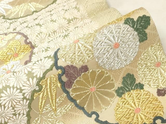 平和屋着物○六通柄袋帯 唐織 緑茶染 雪輪笹梅花文 金銀糸 正絹 逸品