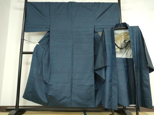 平和屋着物 男性 紬 アンサンブル 長羽織 紺色 キングサイズ 正絹 az