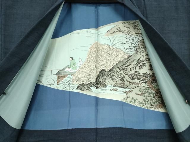  平和屋着物 男性 紬 アンサンブル 長羽織 濃藍色 キングサイズ 正絹 az 着物セット 着物 浴衣