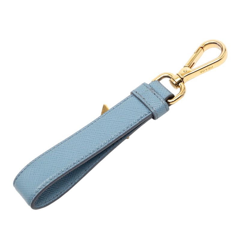 プラダ 三角ロゴプレート チャーム バッグチャーム ライトブルー ゴールド メッキ サフィアーノレザー レディース PRADA 1-0247842