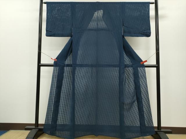 平和屋着物 夏物 色無地 縦絽 瓦紋紗 濃藍色 正絹 ze