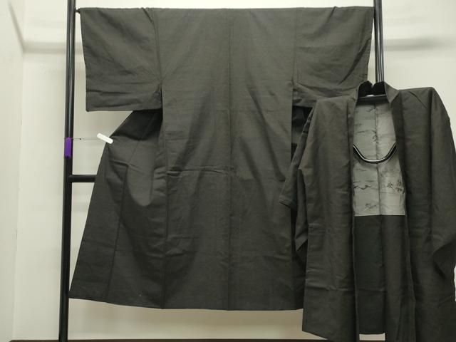 平和屋着物 男性 紬 アンサンブル 憲法黒茶色 正絹 gh