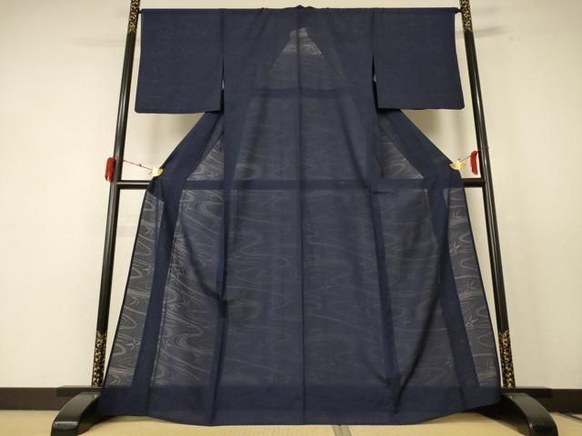 平和屋着物 夏物 色無地 流水舞葉紋紗 藍鉄色 正絹 jd