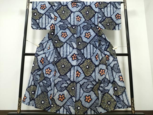 平和屋着物∴夏物 浴衣 有松鳴海絞り 破れ色紙流水花文 綿 ng