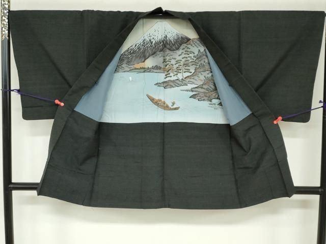 平和屋着物○男性 紬 アンサンブル 黒緑色 正絹 逸品 DAAZ7840ud