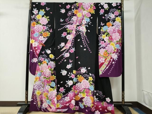 平和屋着物 豪華振袖 鬘帯牡丹花蝶文 ラメ糸 暈し染め 黒地 京都きもの友禅扱い 正絹 yc