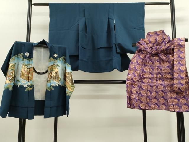 平和屋着物 七五三 男の子 祝着 羽織 袴セット 鷹 屏風吉祥花文 青藍色 暈し染め 金彩 洗える着物 ze