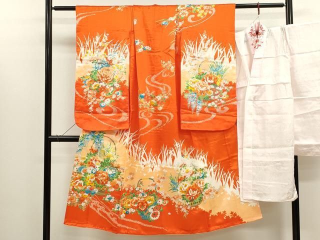平和屋着物 七五三 女の子 ７歳 祝着 四つ身 長襦袢セット 駒刺繍 花籠文 金彩 洗える着物 ze