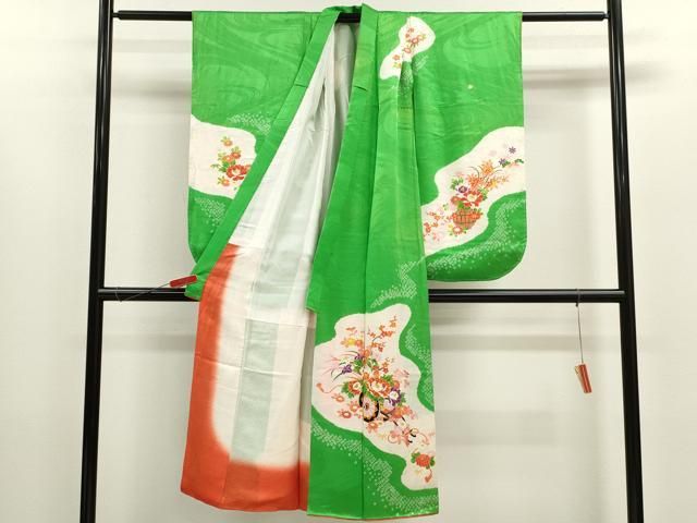 平和屋着物 七五三 女の子 ７歳 祝着 四つ身 長襦袢セット 絞り 駒刺繍 花車文 金彩 ze