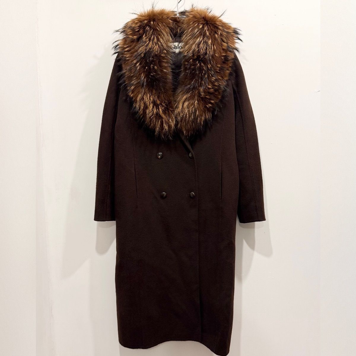 カシミヤ100% Chloé フォックスファー 毛皮襟 チェスターコート ダブル